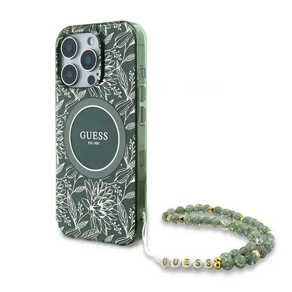 Guess IML Flowers Allover Electro With Pearl Strap MagSafe case for iPhone 16 Pro - green - Cell phone cases