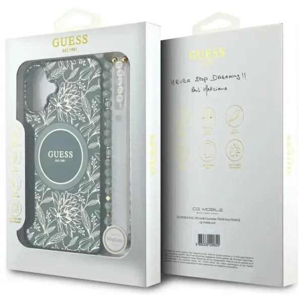 Guess IML Flowers Allover Electro With Pearl Strap MagSafe case for iPhone 16 Plus - green - Cell phone cases