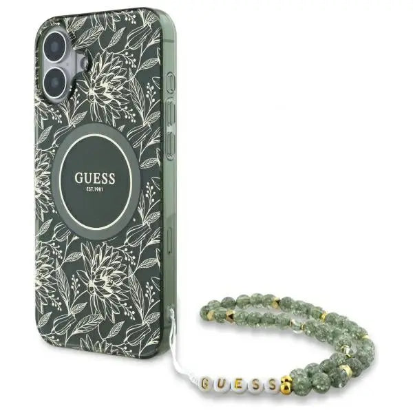 Guess IML Flowers Allover Electro With Pearl Strap MagSafe case for iPhone 16 Plus - green - Cell phone cases