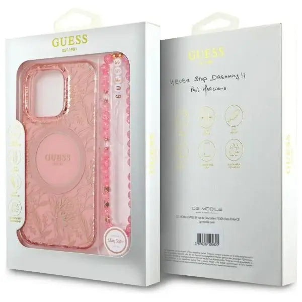 Guess IML Flowers Allover Electro With Pearl Strap MagSafe case for iPhone 16 Pro Max - pink - Cell phone cases