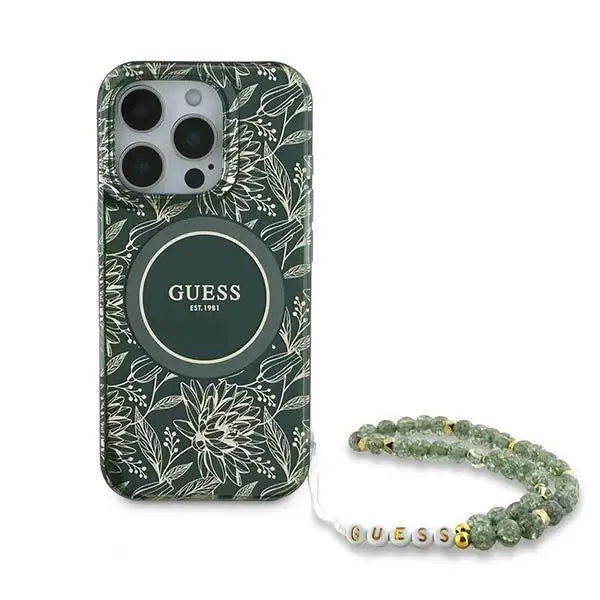 Guess IML Flowers Allover Electro With Pearl Strap MagSafe case for iPhone 16 Pro - green - Cell phone cases