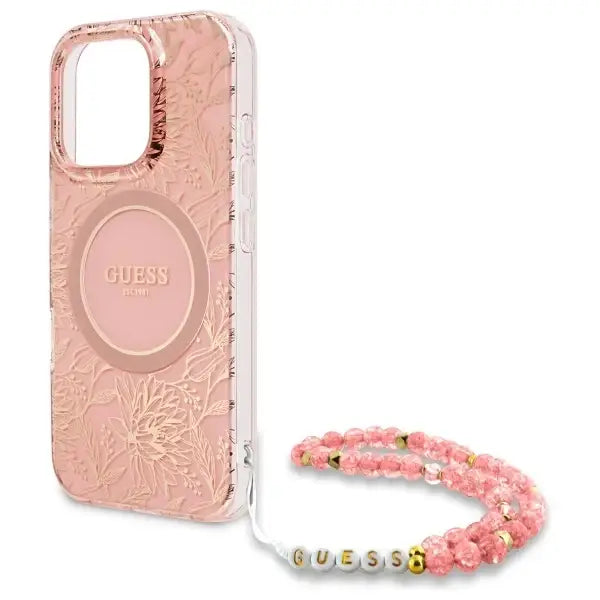 Guess IML Flowers Allover Electro With Pearl Strap MagSafe case for iPhone 16 Pro Max - pink - Cell phone cases