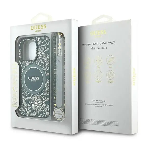 Guess IML Flowers Allover Electro With Pearl Strap MagSafe case for iPhone 16 Pro - green - Cell phone cases