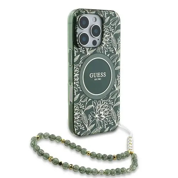 Guess IML Flowers Allover Electro With Pearl Strap MagSafe case for iPhone 16 Pro - green - Cell phone cases