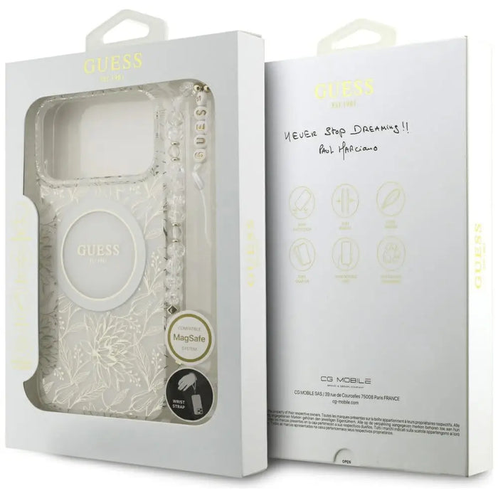 Guess IML Flowers Electro Pearl Strap MagSafe Case for iPhone 17 Pro Max - White - Cell phone cases