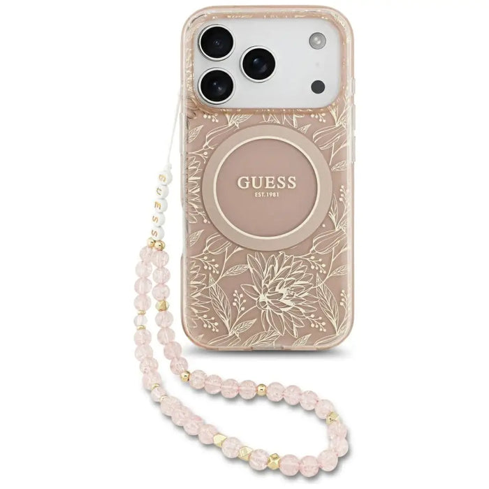 Guess IML Flowers Electro Pearl Strap MagSafe Case for iPhone 17 Pro - Pink - Cell phone cases and covers<<<HurtelXML