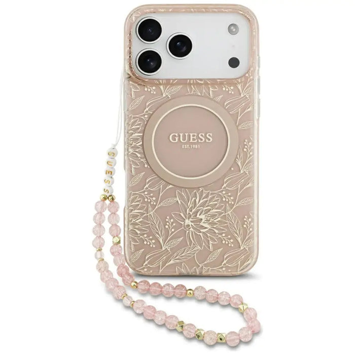 Guess IML Flowers Electro Pearl Strap MagSafe Case for iPhone 17 Pro Max - Pink - Cell phone cases