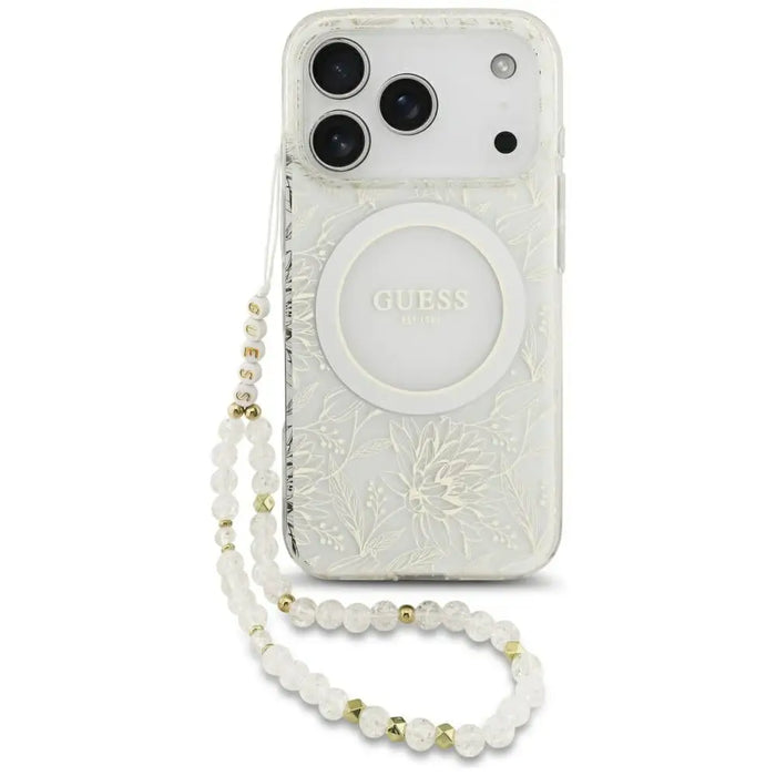 Guess IML Flowers Electro Pearl Strap MagSafe Case for iPhone 17 Pro - White - Cell phone cases and covers<<<HurtelXML