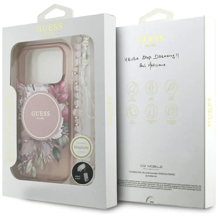 Guess IML Flowers Pearl Strap MagSafe Case for iPhone 17 Pro - Pink - Cell phone cases and covers<<<HurtelXML