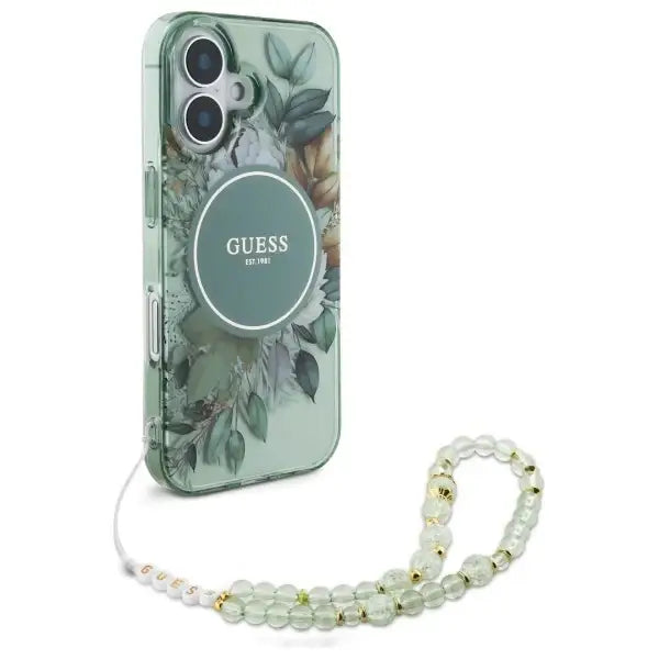 Guess IML Flowers With Pearl Strap MagSafe case for iPhone 16 - green - Cell phone cases and covers<<<HurtelXML