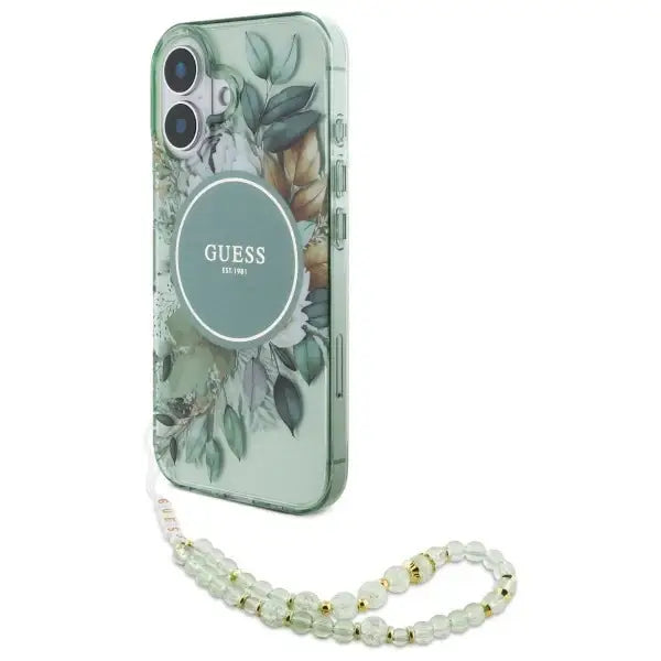 Guess IML Flowers With Pearl Strap MagSafe case for iPhone 16 - green - Cell phone cases and covers<<<HurtelXML