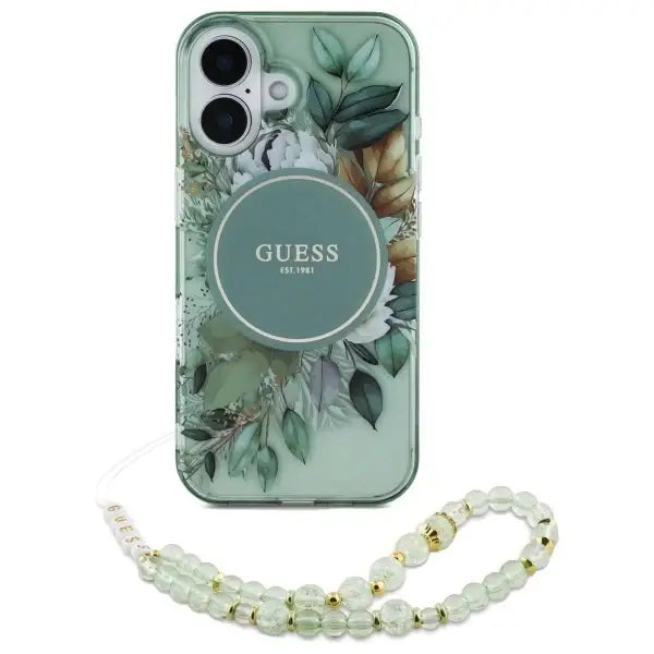 Guess IML Flowers With Pearl Strap MagSafe case for iPhone 16 - green - Cell phone cases and covers<<<HurtelXML