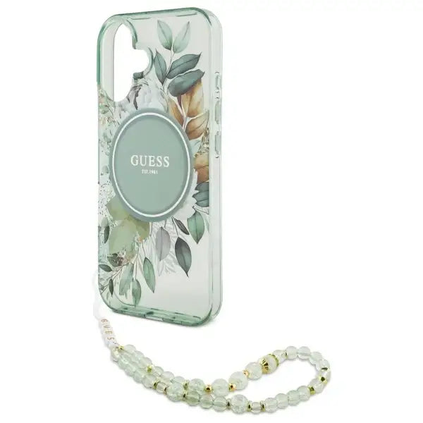 Guess IML Flowers With Pearl Strap MagSafe case for iPhone 16 - green - Cell phone cases and covers<<<HurtelXML