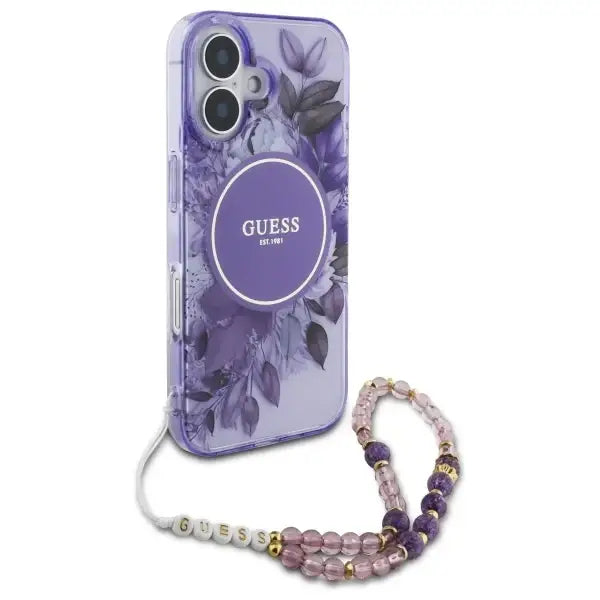 Guess IML Flowers With Pearl Strap MagSafe case for iPhone 16 Plus - purple - Cell phone cases and covers<<<HurtelXML