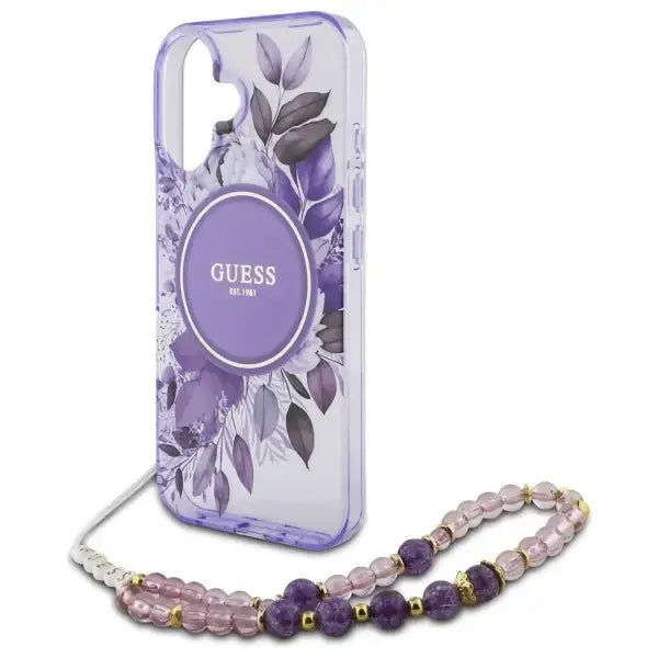 Guess IML Flowers With Pearl Strap MagSafe case for iPhone 16 Plus - purple - Cell phone cases and covers<<<HurtelXML