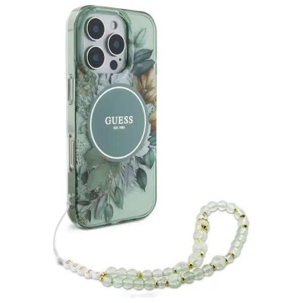 Guess IML Flowers With Pearl Strap MagSafe case for iPhone 16 Pro - green - Cell phone cases and covers<<<HurtelXML