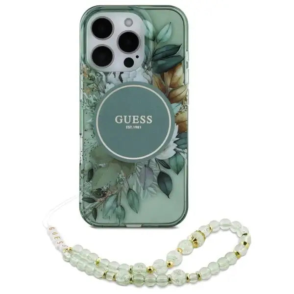Guess IML Flowers With Pearl Strap MagSafe case for iPhone 16 Pro - green - Cell phone cases and covers<<<HurtelXML