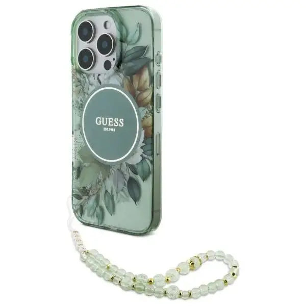 Guess IML Flowers With Pearl Strap MagSafe case for iPhone 16 Pro - green - Cell phone cases and covers<<<HurtelXML