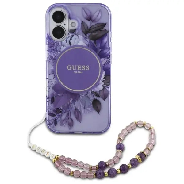 Guess IML Flowers With Pearl Strap MagSafe case for iPhone 16 - purple - Cell phone cases and covers<<<HurtelXML