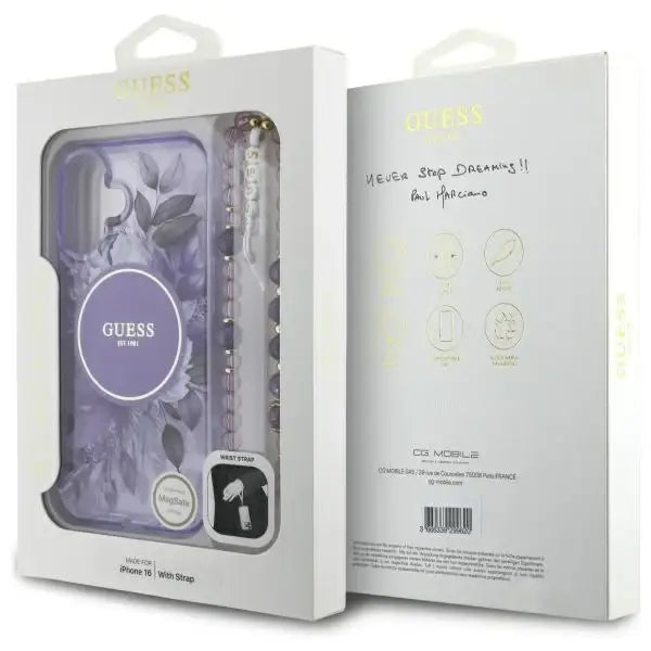 Guess IML Flowers With Pearl Strap MagSafe case for iPhone 16 - purple - Cell phone cases and covers<<<HurtelXML