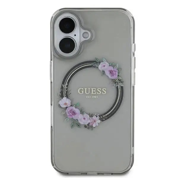 Guess IML Flowers Wreath MagSafe case for iPhone 16 - black - Cell phone cases and covers<<<HurtelXML