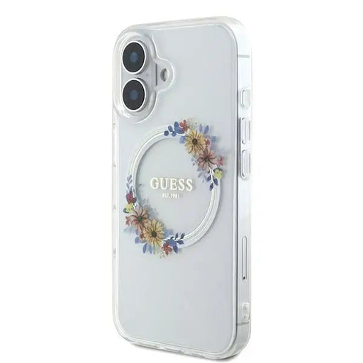Guess IML Flowers Wreath MagSafe Case for iPhone 16 - Transparent - Cell phone cases and covers<<<HurtelXML