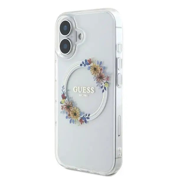 Guess IML Flowers Wreath MagSafe Case for iPhone 16 - Transparent - Cell phone cases and covers<<<HurtelXML