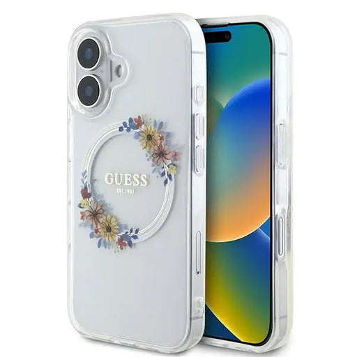 Guess IML Flowers Wreath MagSafe Case for iPhone 16 - Transparent - Cell phone cases and covers<<<HurtelXML
