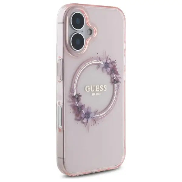 Guess IML Flowers Wreath MagSafe iPhone 16 Case - Pink - Cell phone cases and covers<<<HurtelXML