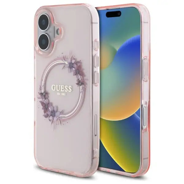 Guess IML Flowers Wreath MagSafe iPhone 16 Case - Pink - Cell phone cases and covers<<<HurtelXML