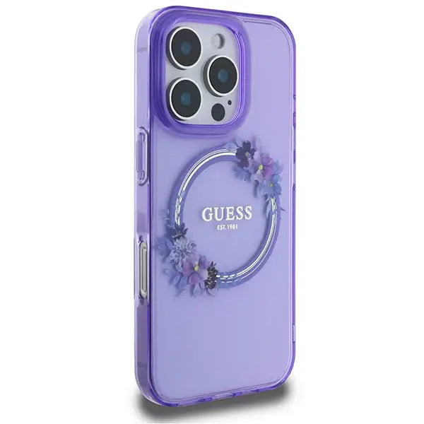 Guess IML Flowers Wreath MagSafe iPhone 16 Pro Case - Purple - Cell phone cases and covers<<<HurtelXML