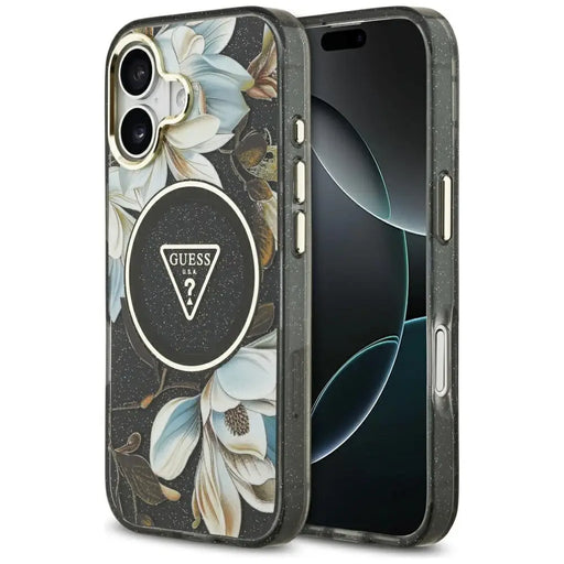 Guess IML Glitter Flowers Triangle MagSafe case for iPhone 17 - black - Cell phone cases and covers<<<HurtelXML