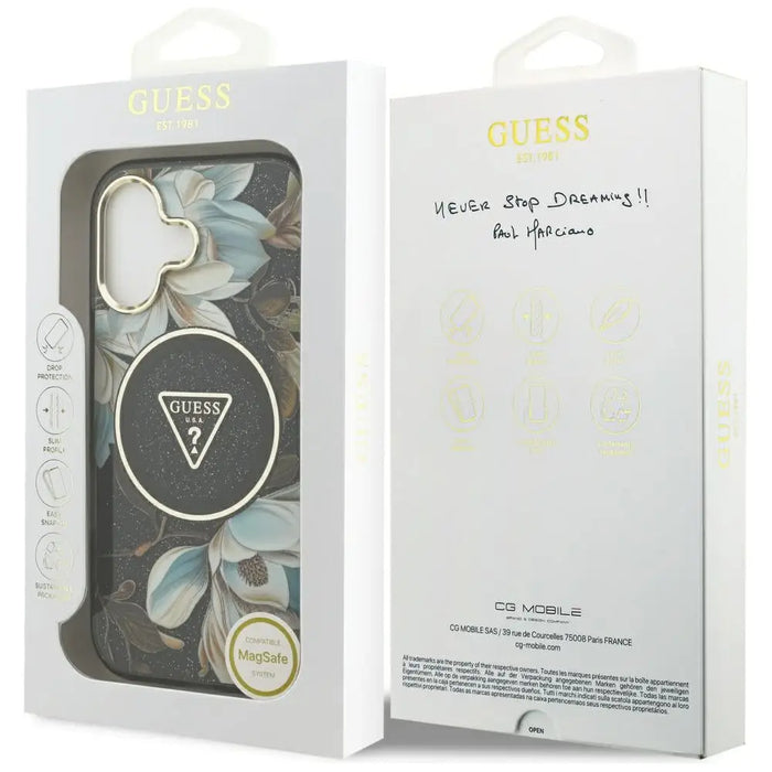 Guess IML Glitter Flowers Triangle MagSafe case for iPhone 17 - black - Cell phone cases and covers<<<HurtelXML