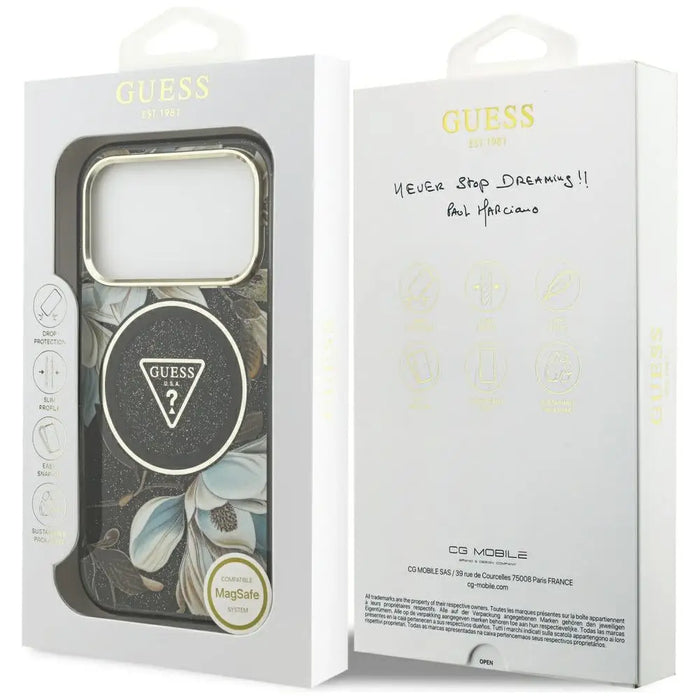 Guess IML Glitter Flowers Triangle MagSafe case for iPhone 17 Pro - black - Cell phone cases and covers<<<HurtelXML