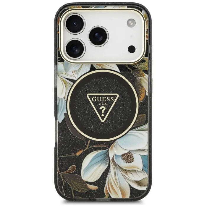 Guess IML Glitter Flowers Triangle MagSafe case for iPhone 17 Pro - black - Cell phone cases and covers<<<HurtelXML