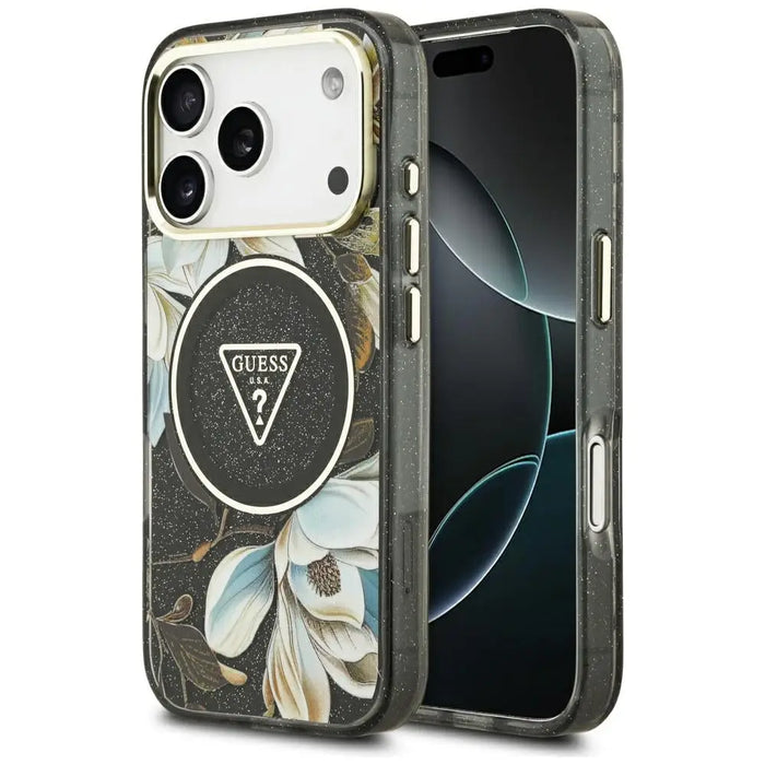 Guess IML Glitter Flowers Triangle MagSafe case for iPhone 17 Pro - black - Cell phone cases and covers<<<HurtelXML