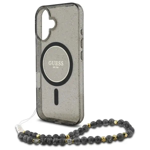 Guess IML Glitter With Pearl Strap MagSafe case for iPhone 16 - black - Cell phone cases and covers<<<HurtelXML