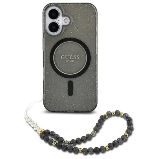 Guess IML Glitter With Pearl Strap MagSafe case for iPhone 16 - black - Cell phone cases and covers<<<HurtelXML