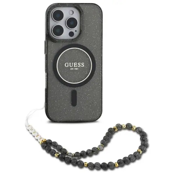 Guess IML Glitter With Pearl Strap MagSafe case for iPhone 16 Pro - black - Cell phone cases and covers<<<HurtelXML