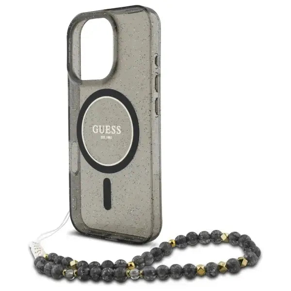 Guess IML Glitter With Pearl Strap MagSafe case for iPhone 16 Pro - black - Cell phone cases and covers<<<HurtelXML