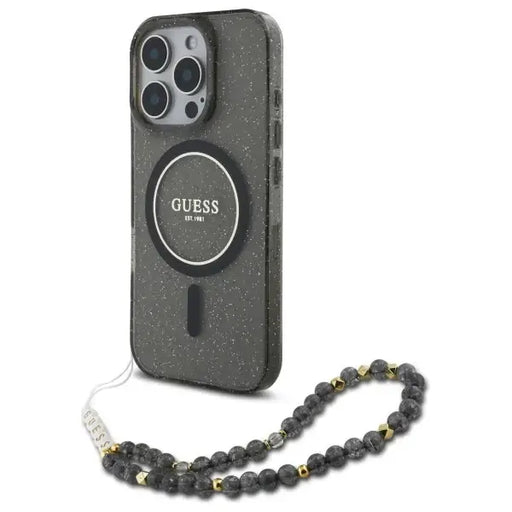 Guess IML Glitter With Pearl Strap MagSafe Case for iPhone 16 Pro Max - Black - Cell phone cases and covers<<<HurtelXML
