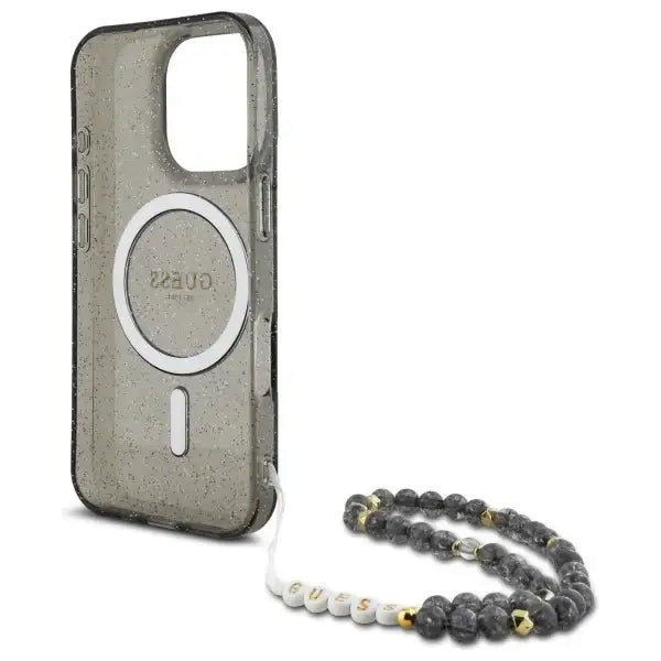 Guess IML Glitter With Pearl Strap MagSafe Case for iPhone 16 Pro Max - Black - Cell phone cases and covers<<<HurtelXML