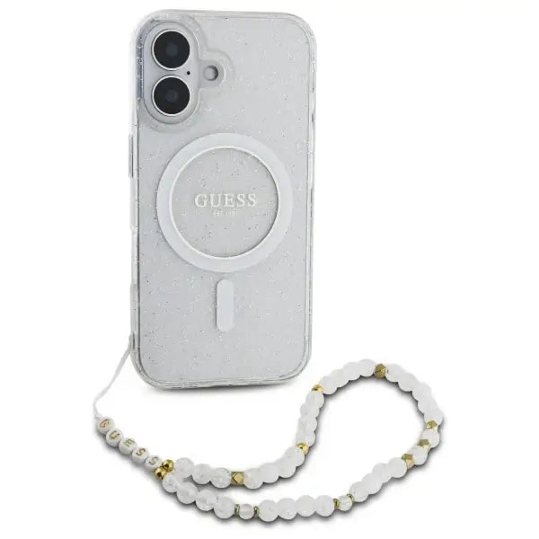 Guess IML Glitter With Pearl Strap MagSafe iPhone 16 Case - Clear - Cell phone cases and covers<<<HurtelXML