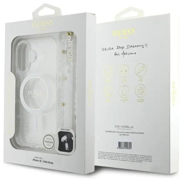 Guess IML Glitter With Pearl Strap MagSafe iPhone 16 Plus Case - Clear - Cell phone cases and covers<<<HurtelXML