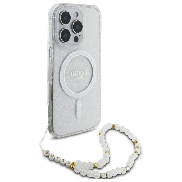 Guess IML Glitter With Pearl Strap MagSafe iPhone 16 Pro Case - Clear - Cell phone cases and covers<<<HurtelXML