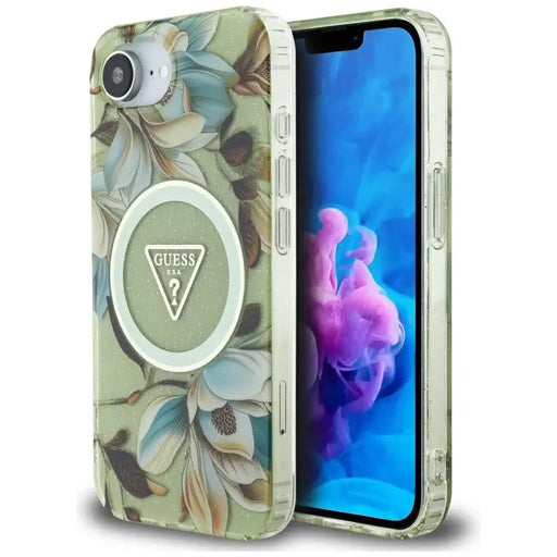 Guess IML Metal Glitter Flowers Triangle MagSafe iPhone 16e Case - Green - Cell phone cases and covers<<<HurtelXML
