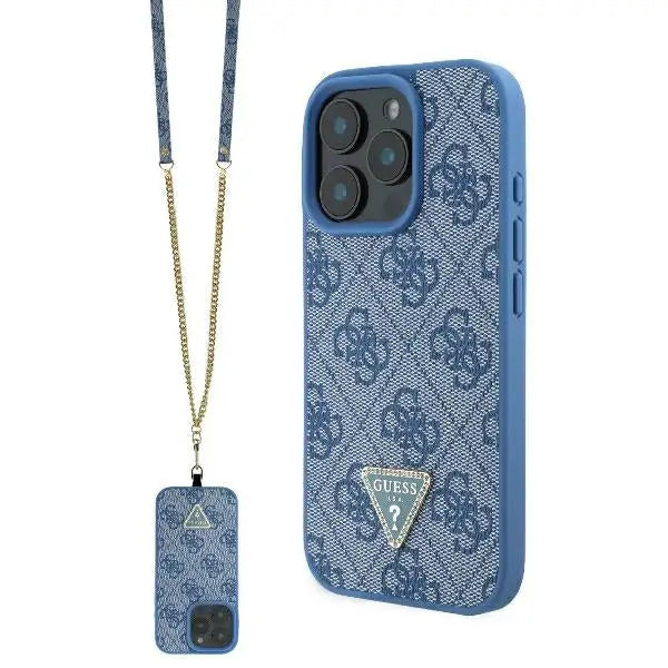 Guess Leather Metal Logo Strass Crossbody Case for iPhone 16 Pro Max - Blue - Cell phone cases and covers<<<HurtelXML