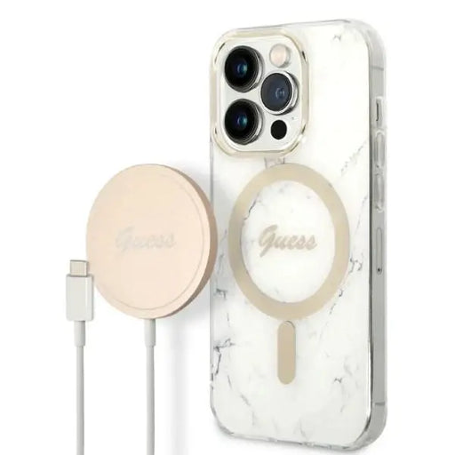 Guess Marble MagSafe Case + Charger Set for iPhone 14 Pro Max 6.7’’ - White - Cell phone USB charger<<<HurtelXML