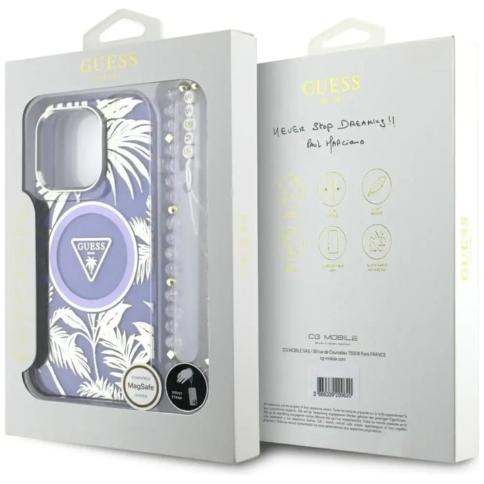 Guess Palm Trees Triangle Pearl Strap MagSafe Case for iPhone 16 Pro Max Purple - Cell phone cases