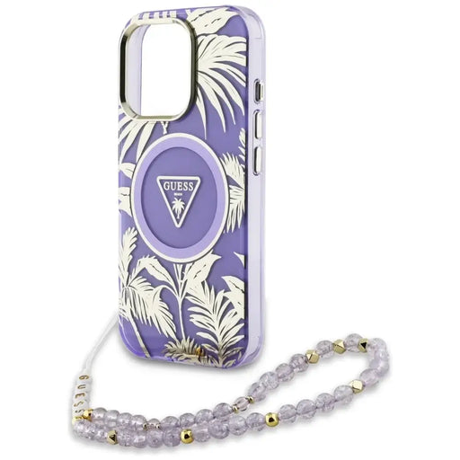 Guess Palm Trees Triangle Pearl Strap MagSafe Case for iPhone 16 Pro Max Purple - Cell phone cases